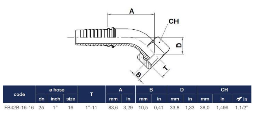 316SST BSP 1" 45° Female Elbow X 1" Hose End - Image 2