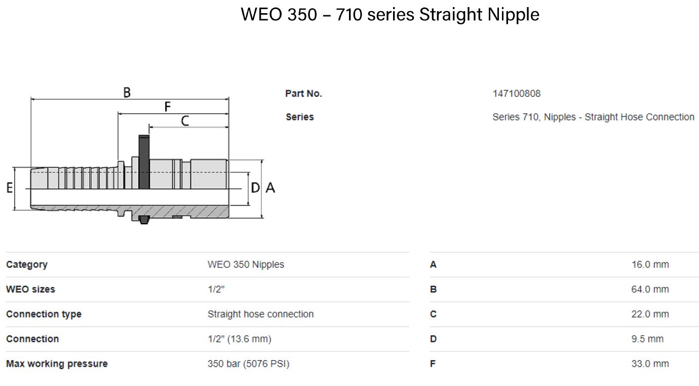 16mm WEO 350 Straight Nipple X 1/2" Hose End - Image 2