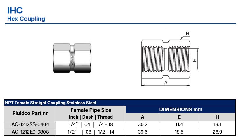 316SS NPT 1/4" Female Hex Coupling - Image 2