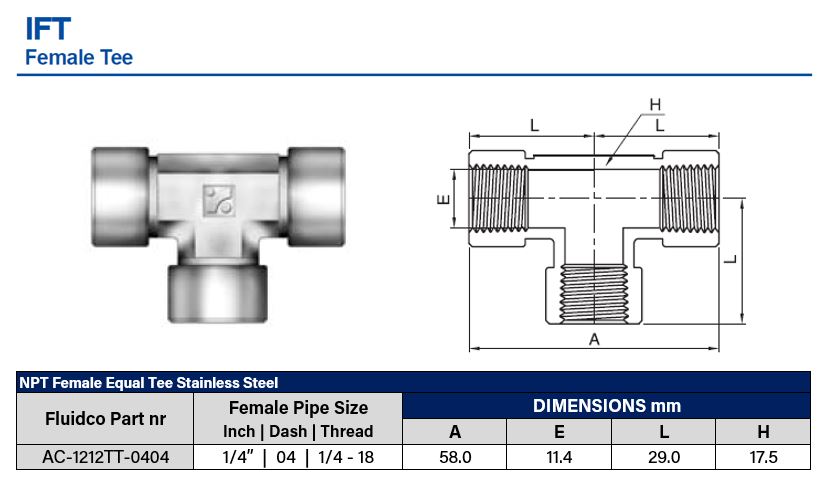 316SS NPT 1/4" Female Equal Tee - Image 2
